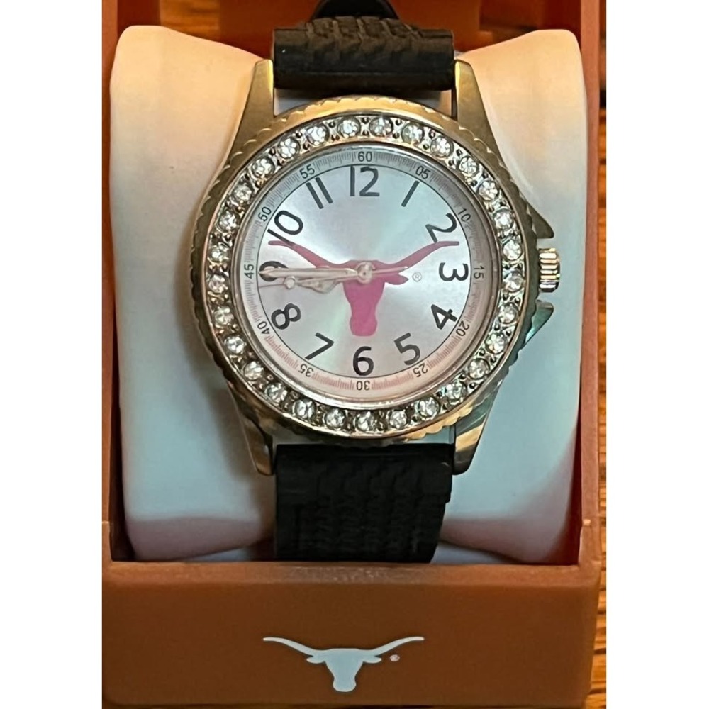 Fossil University of Texas Pink Longhorn Women's Watch Rhinestone Bezel & Box